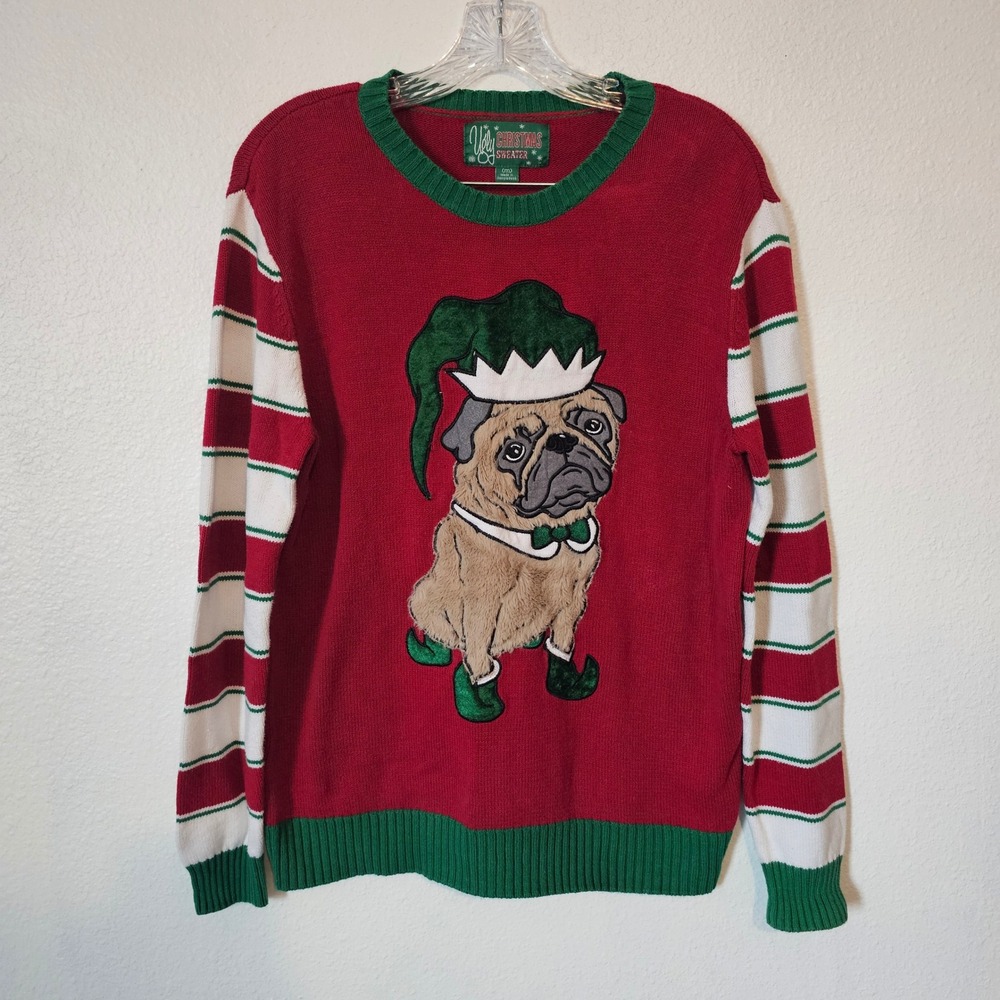 Ugly Christmas Sweater Womens Medium Red Green Elf Pug Dog Holiday Knit Top